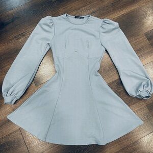 Boohoo Dusty Blue Puff Sleeve Fit and Flare Dress